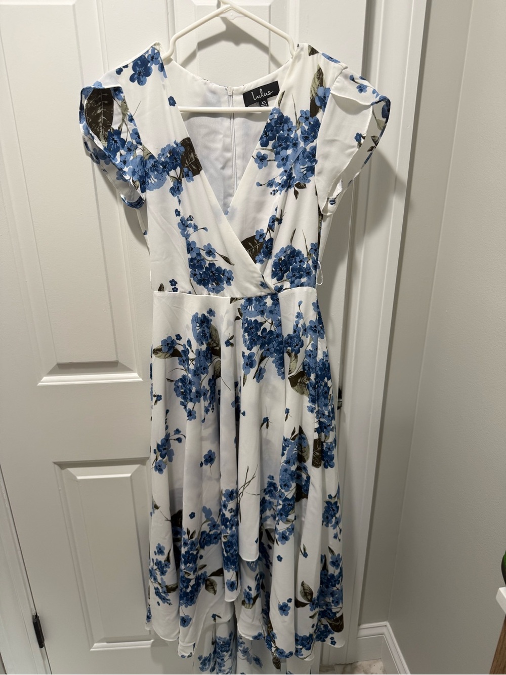 Lulu's White Wrap High-Low Dress with Blue Floral Print